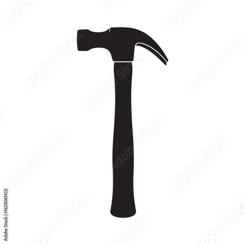 A classic claw hammer presented as a stark black silhouette against a white background