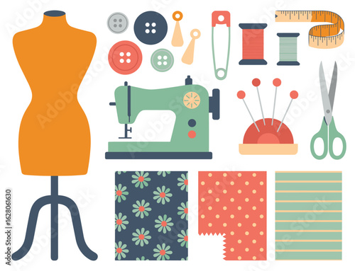 Sewing Machine Mannequin Buttons Thread Spool Scissors Fabric Swatches tailor shop