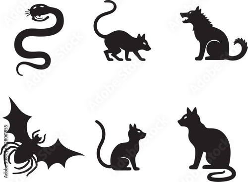 Spooky Halloween silhouettes, creepy creatures, haunted night icons