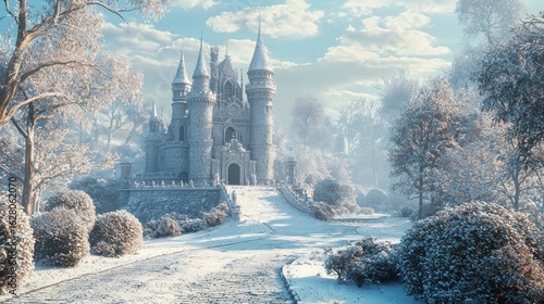 3D rendering of an enchanted fairy tale princess castle in winter