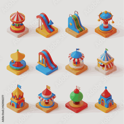 Twelve isometric amusement park attractions with colorful cartoon style theme park carnival