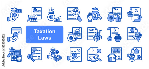 Taxation Laws  icon collection set. Containing Fiscal, Tax, Revenue collection, Self assessment, Corporate, Payroll, Tax credit.