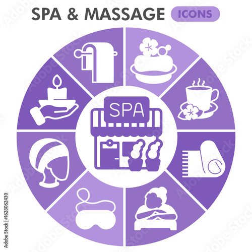 Spa and massage symbols collection or sketches, masseur theme bubble with glyph style signs for web and app. Vector graphics isolated on white background.