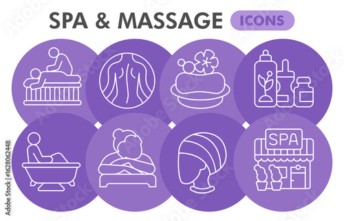 Spa and massage symbols collection or sketches, masseur theme bubble with thin line style signs for web and app. Vector graphics isolated on white background.