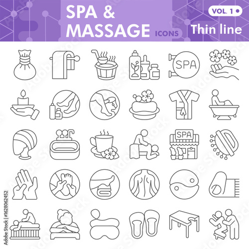 Spa and massage symbols collection or sketches, masseur theme in thin line style signs for web and app. Vector graphics isolated on white background.