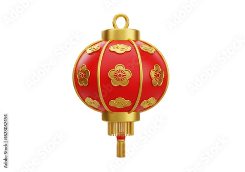 Red golden lantern with floral and cloud patterns isolated on a transparent background image