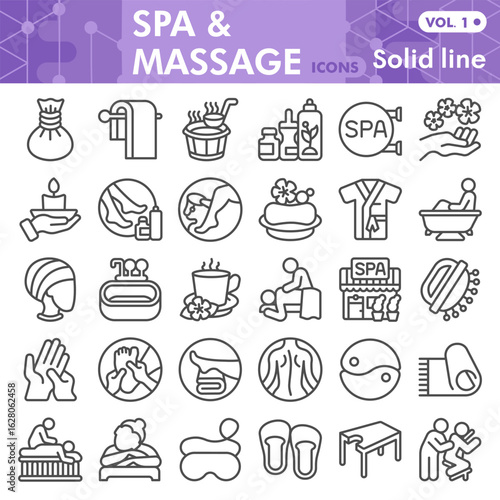 Spa and massage symbols collection or sketches, masseur theme in line style signs for web and app. Vector graphics isolated on white background.