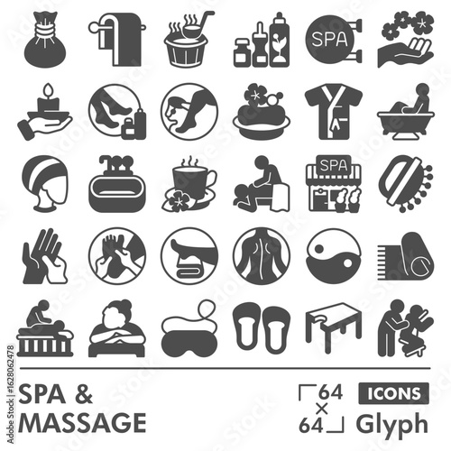 Spa and massage symbols collection or sketches, masseur theme in glyph style signs for web and app. Vector graphics isolated on white background.