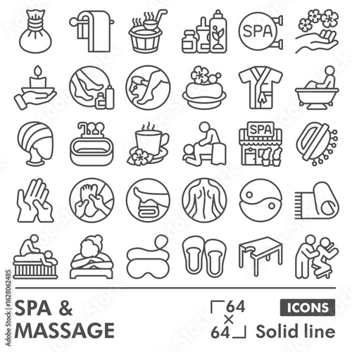 Spa and massage symbols collection or sketches, masseur theme in line style signs for web and app. Vector graphics isolated on white background.
