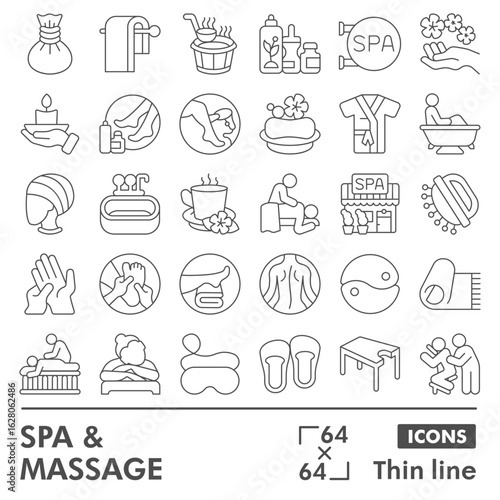 Spa and massage symbols collection or sketches, masseur theme in thin line style signs for web and app. Vector graphics isolated on white background.