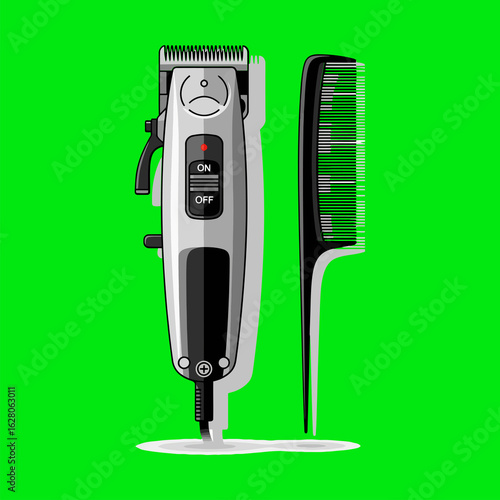 Vector illustration of a hair trimmer and comb set. Professional barbershop equipment for hairstyling and personal care isolated on a vibrant green background.