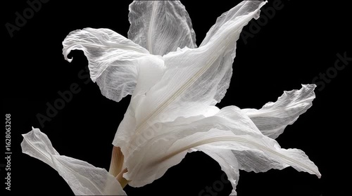 Elegant white flower with delicate petals showcasing intricate textures against a dark background