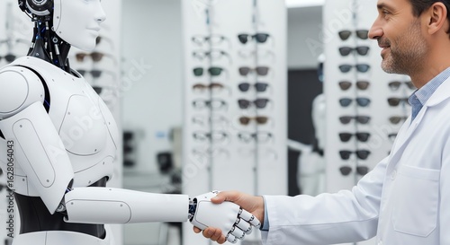Doctor Shakes Hands with Robot in Optics Store