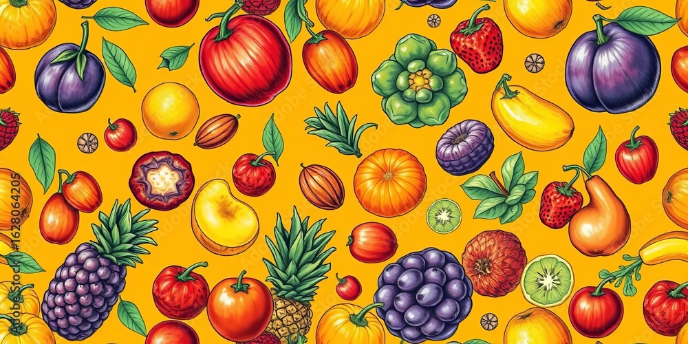 Hand-drawn vector seamless pattern of vibrant fruits and vegetables on an orange and yellow background, hand-drawn, vibrant Hand-drawn vector seamless pattern of vibrant fruits and vegetables on an orange and yellow background, hand-drawn, vibrant
