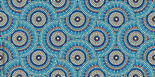 Blue abstract mosaic seamless pattern. Fragments of a circle laid out from tiles trencadis. Vector tile background.