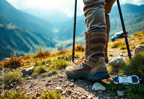 Fototapeta Naklejka Na Ścianę i Meble -  Hiker's boots, trekking poles, and backpack on a Tatra mountain trail, rocky, freedom