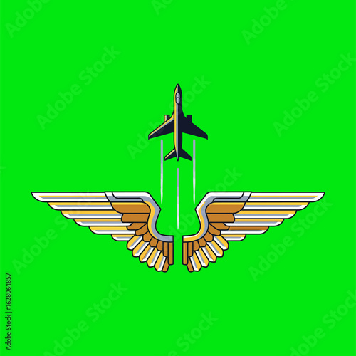Aviation emblem concept with a jet airplane taking off over golden pilot wings. Vector illustration logo for air travel or an air force, isolated for design.