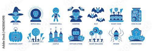 Stylish Halloween icon set with blue tone. Includes witch, candy, spider, voodoo doll, eyes in jar, and gravestone. Unique color style, ideal for digital projects, UI/UX, and social media.