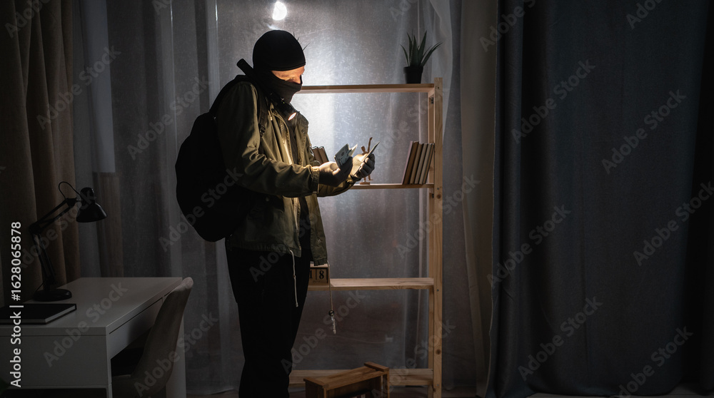 Fototapeta premium Searching Money. thief making burglary stealing from house