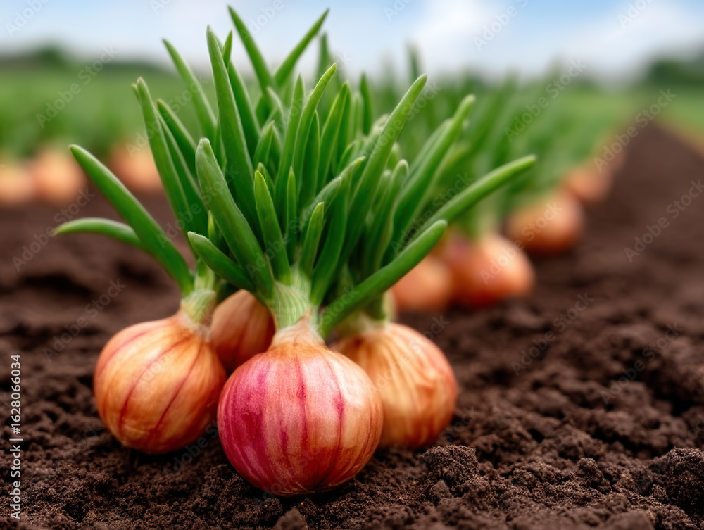 Fototapeta premium Close up of shallot bulbs growing in rich soil with vibrant green shoots in sunny field, symbolizing growth and freshness