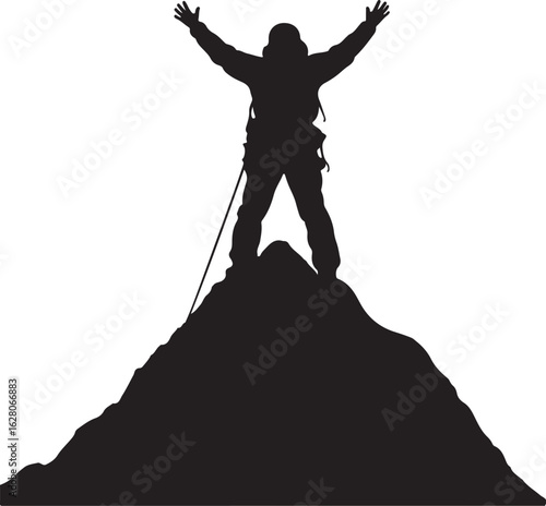 Climber triumphant on mountain peak silhouette summit