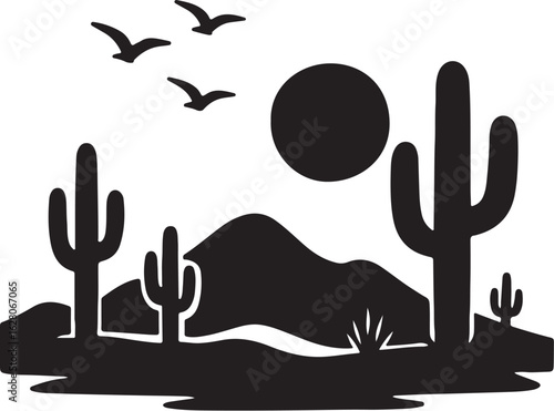 Desert landscape with cacti and birds cactus saguaro