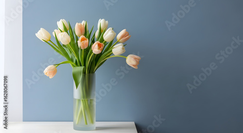 Elegant Cream and Peach Tulips in Tall Frosted Vase on Powder Blue Wall