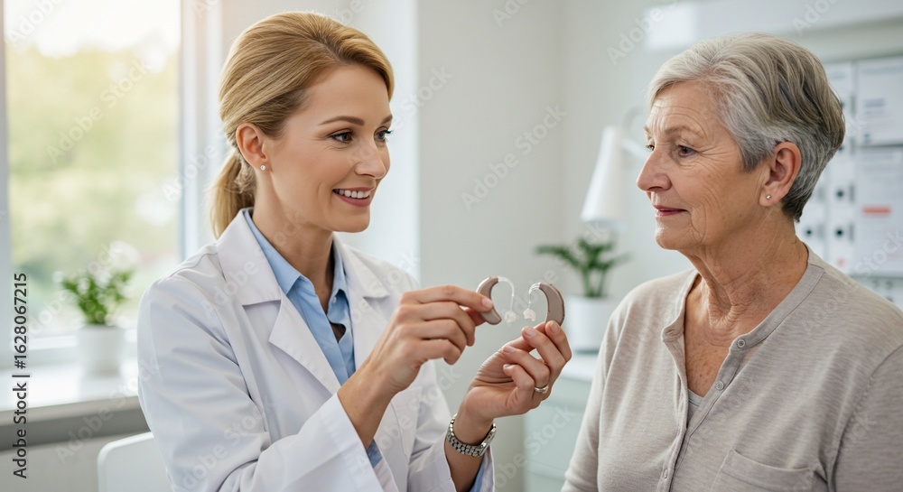 Audiologist Explains Hearing Aid to Senior Woman in Bright Clinic Setting Audiologist Explains Hearing Aid to Senior Woman in Bright Clinic Setting