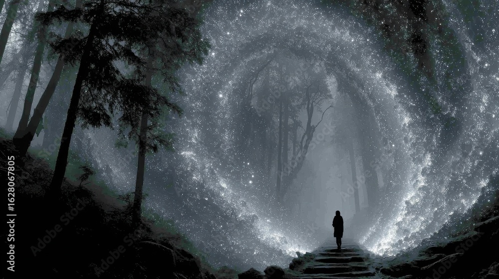 Obraz premium Figure entering glowing rain wall in enchanted forest, trees warping behind