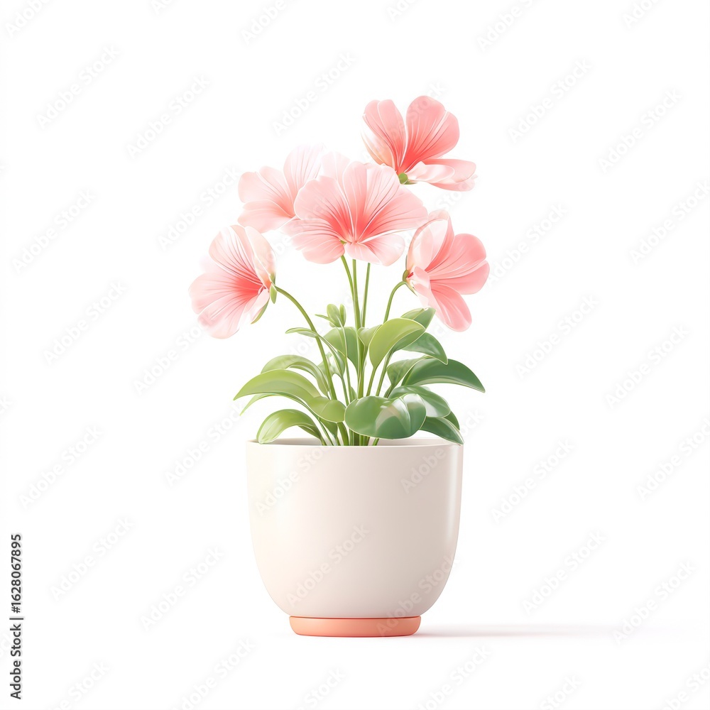 Obraz premium A delicate arrangement of pink flowers in a white pot, perfect for home decor, gardening blogs, or floral designs, This image evokes freshness and tranquility, ideal for various promotional materials