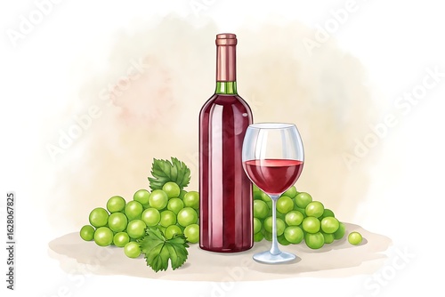Red wine bottle glass and fresh green grapes