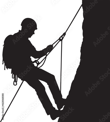 Silhouette of person rappelling down cliff climbing