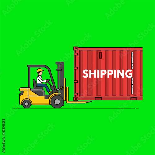 Forklift operator lifting a red shipping container for global logistics and freight transportation. Industrial warehouse concept illustration.