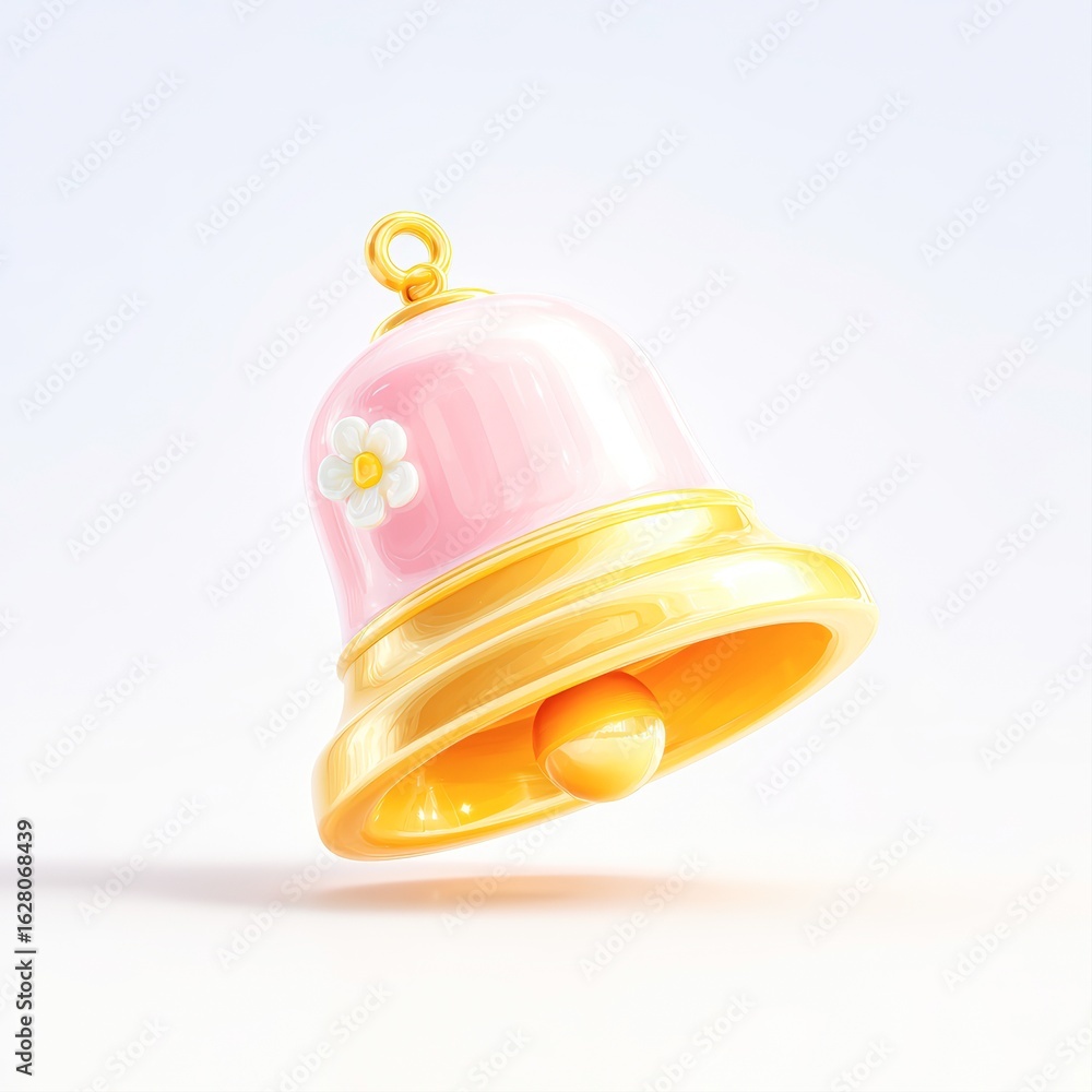Fototapeta premium A whimsical, pastel pink bell adorned with a flower, suspended against a clean background, This image can be used for children's products, decorative items, or in event invitations,