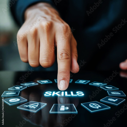 Close up of tattooed hand pressing glowing blue skills button on futuristic digital interface