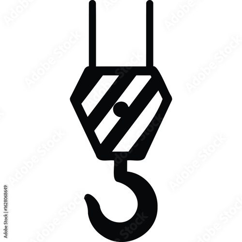 A black and white illustration of a crane hook with striped pattern hanging from a vertical support line silhouette