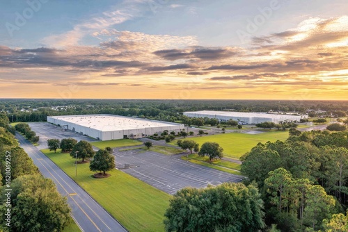 Aerial view of two large warehouses at sunset