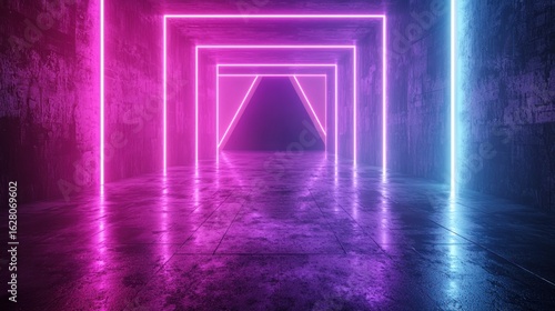 Fototapeta Naklejka Na Ścianę i Meble -  3d technology abstract neon light background, empty space scene, spotlight, dark night, virtual reality, cyber futuristic sci-fi background, street floor studio for mock up. colored geometric