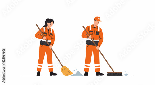 A pair of sanitation workers, a man and a woman in orange safety uniforms, sweeping a street. Professional cleaning service concept.