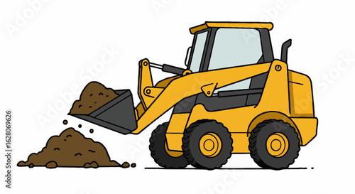 Compact skid steer loader moving soil on a construction site. Vector illustration of heavy industrial machinery at work.