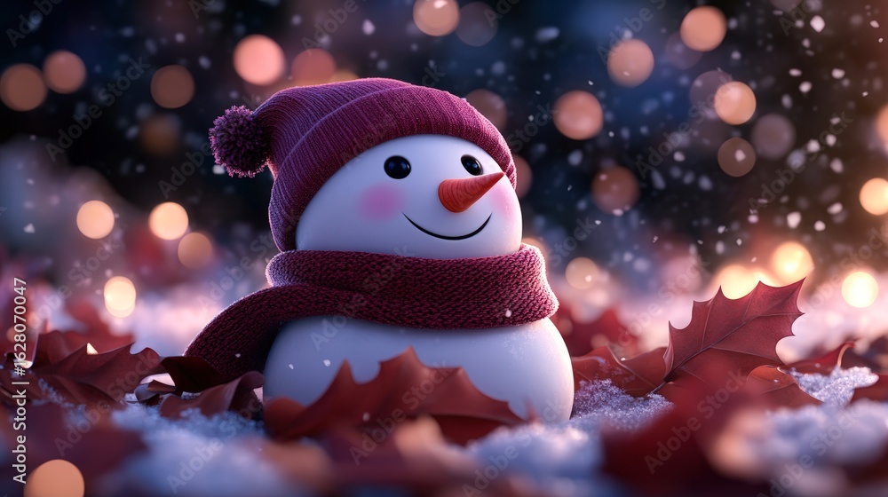 Obraz premium A cheerful snowman adorned with a cozy scarf and hat sits amidst fallen leaves in a snowy landscape, creating a whimsical winter scene perfect for holiday-themed projects, greeting cards