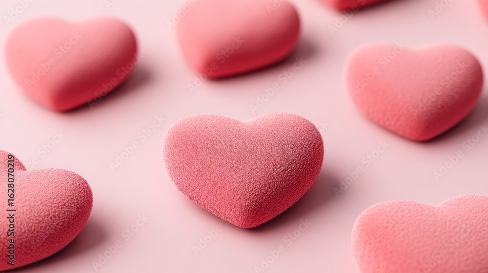 Obraz premium Pink heart shapes scattered on a soft pastel background create a whimsical and romantic ambiance, perfect for Valentine's Day promotions, love-themed marketing, or greeting card designs,