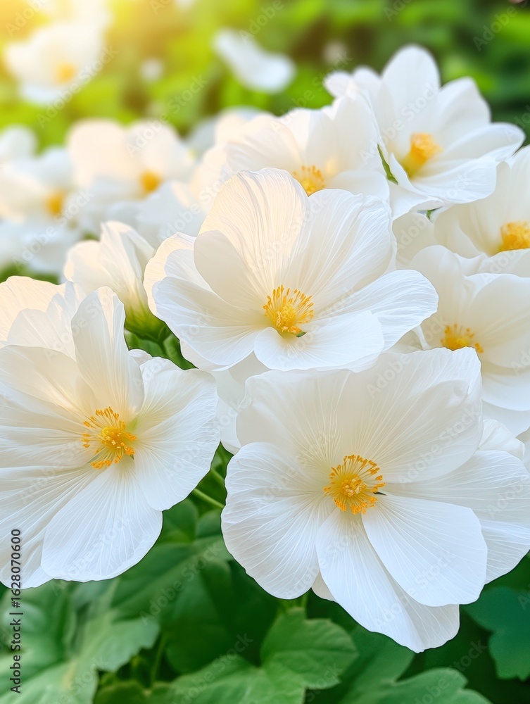 Obraz premium A close-up of vibrant white flowers with delicate petals and bright yellow centers, bathed in soft sunlight, Ideal for spring-themed designs, floral arrangements, and nature-focused content,