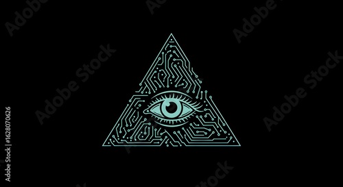Eye in Triangle Circuit Pattern on Black Background