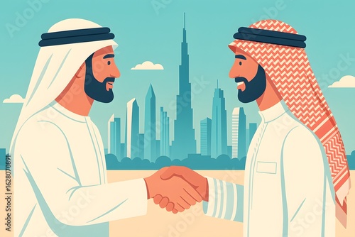 Two Arab businessmen walking through a modern district in Dubai – flat style illustration, AI generated