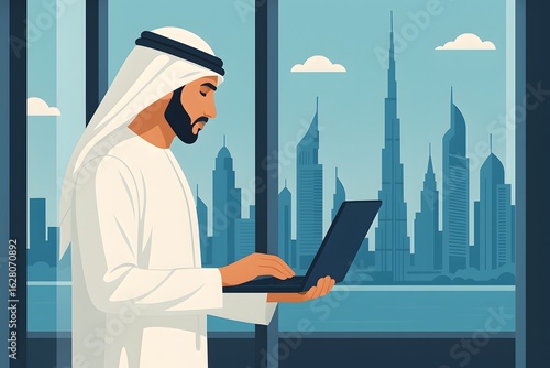 Businessman in Traditional Dress Overlooking Dubai Skyline – AI generated