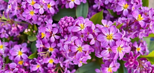 Overhead view of vibrant spring blooms, lilac and purple hues, background, texture
