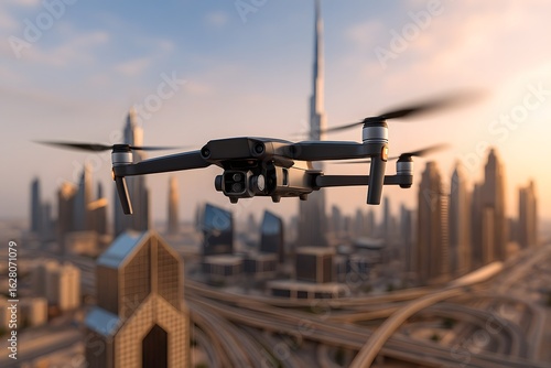 Drone Hovering Over Dubai Skyline at Sunset, AI generated