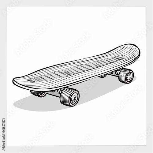 Monochrome skateboard illustration showcasing design, detail, and movement on white background