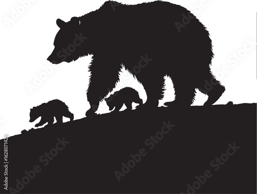 Mother bear and cubs walking silhouette black